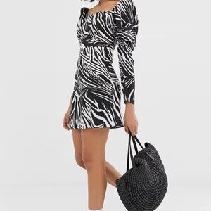 Monochrome Animal Print Mini Dress with Puff Sleeves - worn once